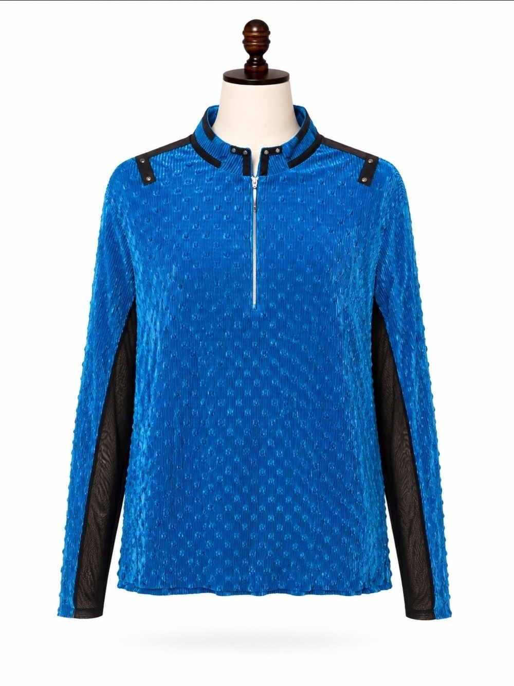Jamie Sadock Blue Textured Quarter-Zip Top Black Mesh Detail – Large NWOT